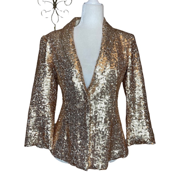 New York & Company Jackets & Blazers - NY&Co. Gold Sequins Blazer Single Snap Closure 3/4 Sleeves size 8